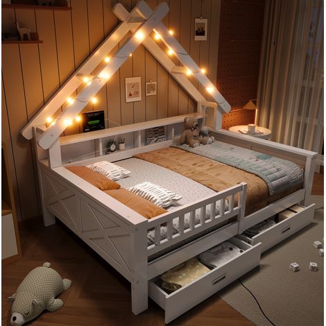 Lit cabane enfant 140x200 cm en MDF et pin blanc, LED, gain de place, sans matelas – MEUBLIV (1/5)