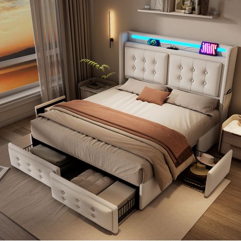 Letto contenitore 180x200 con testiera LED, USB-C, 4 cassetti, rete a doghe beige DESVIAE (1/5)