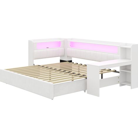 Lit escamotable rembourré blanc 90x200 extensible 180x200 avec LED, USB et bureau (1/5)