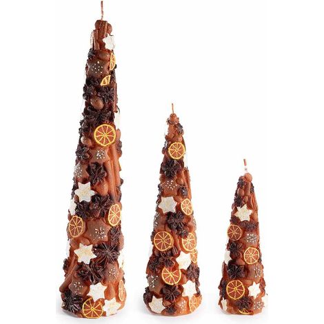 Candele a forma di albero di Natale con decorazioni glitter, biscottini, arancia, cannella e spezie in rilievo, Grande: Ø 7 cm x 28,5 H