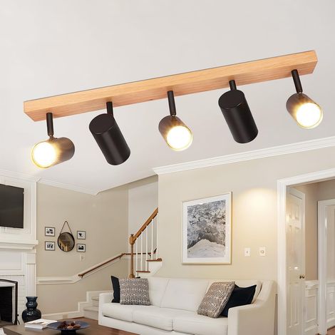 Spots de plafond GU10 5 Spots - Plafonnier LED Bois Éclairage de Plafond Noir Orientable 350°pour Cuisine Couloir Salon Chambre à Coucher (1/5)