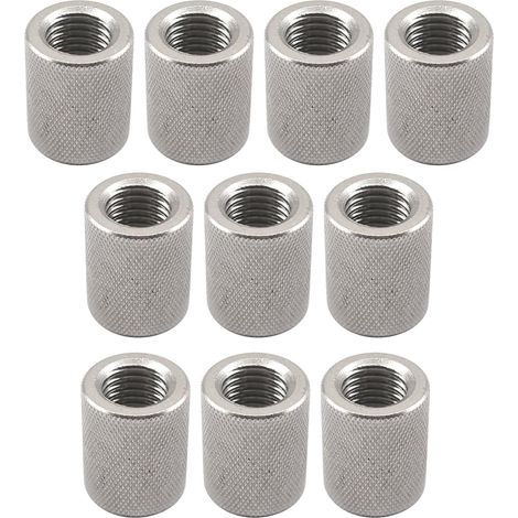 Confezione da 10 dadi zigrinati M10, 16 x 15 mm, in acciaio inox 304. Dadi tondi filettati. Dadi di collegamento tondi. (1/5)