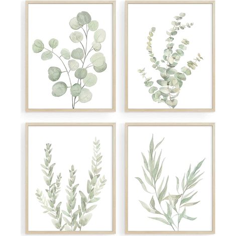 Lot de 4 impressions botaniques eucalyptus vert sauge 20x25 cm, aquarelle bohème pour salle de bain