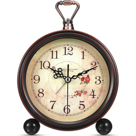 Réveil de style vintage silencieux, horloge de table rétro antique, horloge décorative silencieuse sans tic-tac, réveil de bureau classique (sans pile)