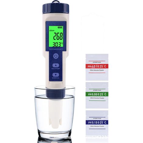 Elektronisches 5-in-1-pH-Meter-Testgerät, misst pH-Wert, TDS, EC, Salzgehalt und Temperatur, Wasserqualitätstester, LCD-Bildschirm und genaue Messwerte (1/4)