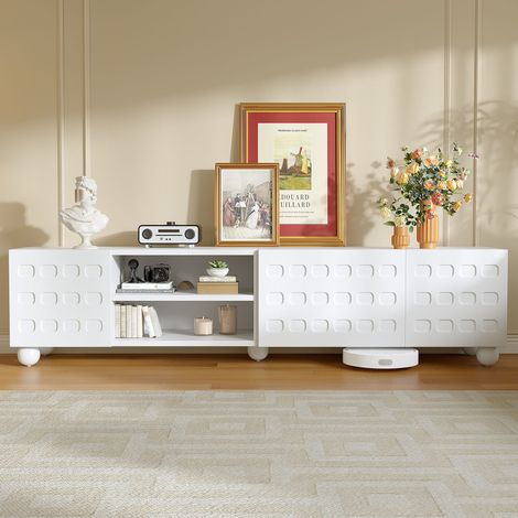 Meuble TV 200 x 40 x 44 cm, 3 portes, rangement semi-ouvert, blanc (1/5)