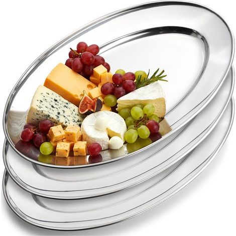 3 plateaux de service, acier inoxydable, 34 x 21,5 x 3 cm, argenté, pour apéf et buffet
