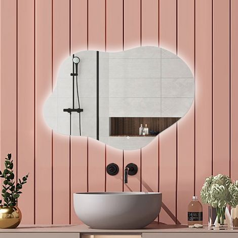 Aica Miroir de salle de bain Forme Nuage Lumineux 80×55cm, rétro-éclairage, Design Asymétrique, 3 Couleurs + Dimmable + Anti-buée + Mémoire