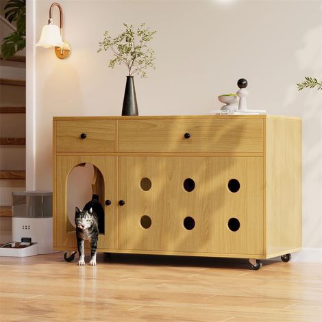 Meuble pour Maison de Toilette Chat - 100x45x66cm - Cache-Litière avec Bac Récupérateur et Tiroirs - Bois Naturel & Érable (1/5)