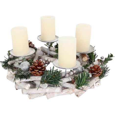 Couronne de l'Avent HWC-M12, Arrangement de l'Avent Couronne de table Décoration de table en bois argenté blanc Ø 30cm - (1/5)