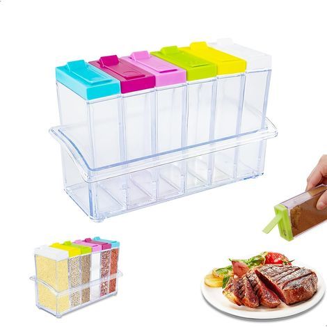 6er-Set Gewürzgläser – Aufbewahrungsschale – Doppelt zu öffnen, transparenter Korpus – Ideal zum Kochen, Campen und Grillen – Mehrfarbig – 8 x 8 x 10 cm (1/5)