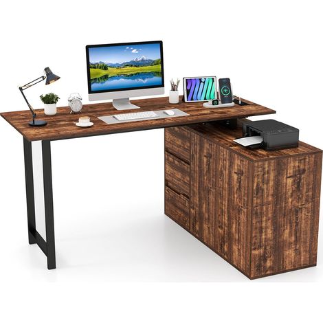 COSTWAY Scrivania Angolare a Forma di L con Presa di Corrente, Scrivania ad Angolo Salvaspazio e Reversibile con 3 Cassetti, Stazione da Lavoro per Ufficio a Casa (Marrone e Nero) (1/5)