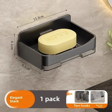 Porte-savon mural double couche haut de gamme (noir épais et élégant [1 paquet] avec bac d'égouttage et 2 crochets), étagère de rangement pour salle de bain, sans perçage. (1/5)