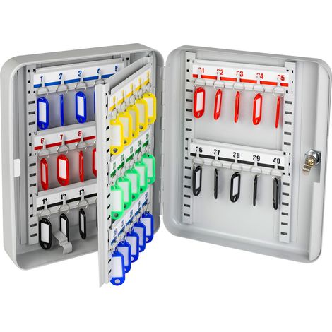 HMF Schlüsselkasten groß aus Stahl, abschließbarer Schlüsselschrank für Flur, Arbeitszimmer oder Garage, 40 Schlüsselhaken, 30 x 24 x 7,5 cm, Lichtgrau (1/5)