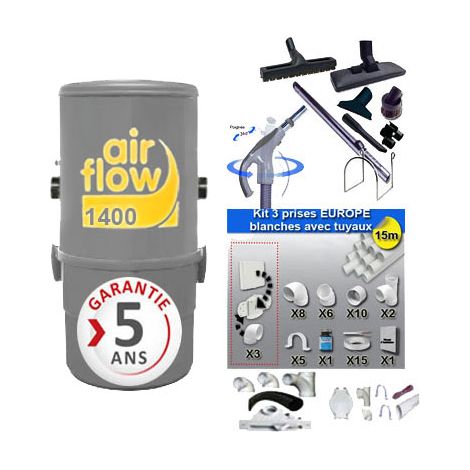 Aspirateur central 1400 – Dépression 2820 mmCE – Débit d’air 189 m3/h – 6 prises – Kit complet avec 8 accessoires et flexible 9 ml – Airflow
