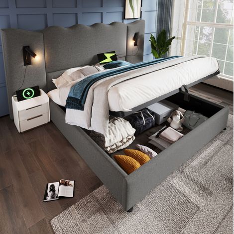 Bett 180x200 cm modern aus grauem Leinen mit Wellen-Kopfteil, drehbarer Leselampe, USB-C und hydraulischem Stauraum (1/5)