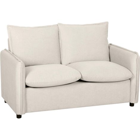 Canapé 2 Places en Tissu Effet Cuir Respirant avec Accoudoirs et 2 Coussins - 131 cm - Crème (1/5)
