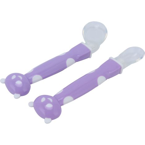Cuillère incurvée en silicone pour bébé, double face, décor de dessin animé, ustensiles d'apprentissage de l'autonomie alimentaire pour nourrissons (violet) (1/5)
