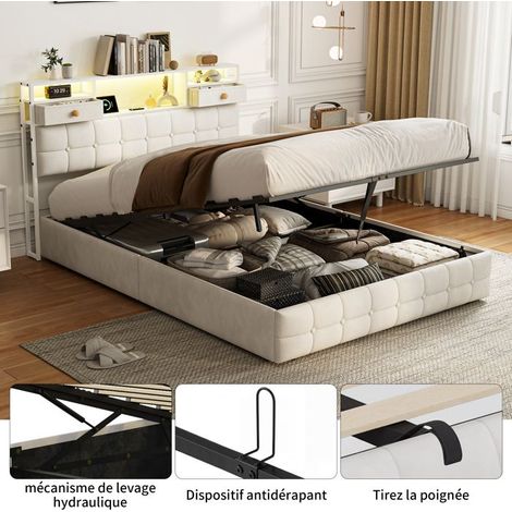 Cama lit 160x200 cm con puerto USB y LED, Cama doble 160x200 cm con almacenamiento hidráulico, Somier de lamas, Cama para 2 personas (1/5)