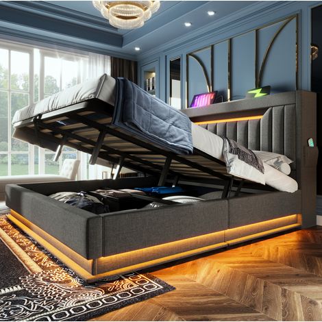 Lit double 160x200 cm gris en lin avec LED, tête de lit USB et coffre de rangement (1/5)