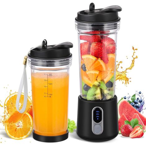 Tragbarer Standmixer/Smoothie-Maker, 500 ml, mit 4 Edelstahlklingen zum Zerkleinern von Eis und Früchten, Mini-USB-wiederaufladbarer Mixer mit Strohhalm, Reisedeckel und Bürste, schwarz.