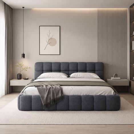 Lit 140x190 cm - Lit double capitonné - Tête de lit rembourré - Sommier à lattes - Style scandinave - Lin Gris (1/5)
