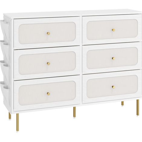 Kommode 6 Stoffschubladen 110x98x30 cm – Weiß Gold Sideboard mit Metallrahmen für Schlafzimmer, Wohnzimmer & Flur