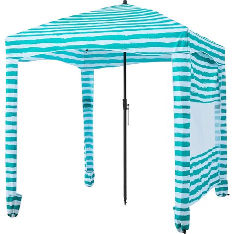 Cabane de plage, 1,83 x 1,83 m, avec parois latérales, protection UPF 50+, montage facile, poches à sable, parasol portable à rayures vertes, idéal pour toute la famille et les amis. (1/5)
