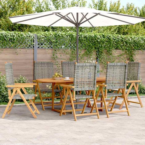 Ensemble repas de jardin 7 pièces en acacia et résine tressée, 6 chaises grises, table extensible, 73.4kg - PANGIVO (1/5)