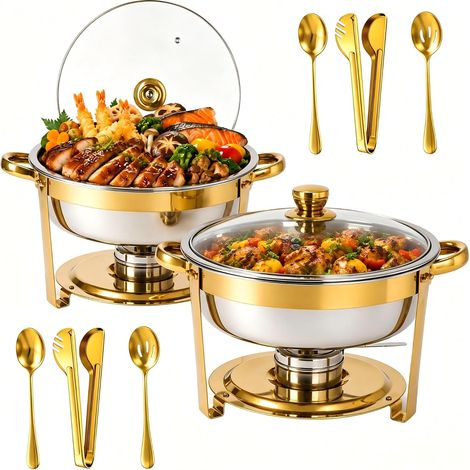 Lot de 2 chauffe-plats ronds en acier inoxydable doré de 5 litres avec couvercle transparent et ustensiles, récipient chauffant pour fêtes et événements de restauration