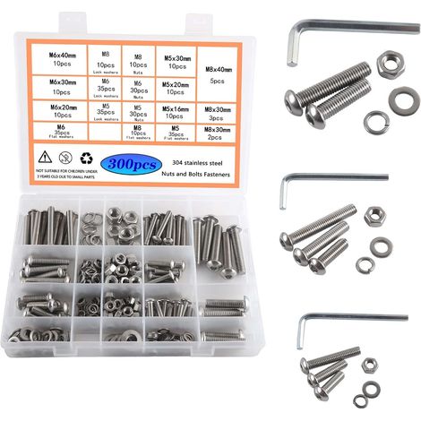 M5 M6 M8 Boulon et Écrous Vis à Tête Hexagonale Acier Inoxydable 304 Vis Tete Cylindrique Pans Creux Kit de Combinaison 300pcs (1/5)