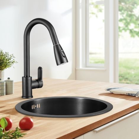 Mini évier de cuisine rond en acier inoxydable, cuve unique avec accessoires de vidange, noir (1/5)