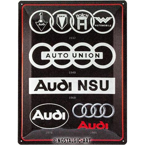 Plaque en métal - AUDI - Évolution du logo - 30 x 40 cm - Vintage - Décoration murale