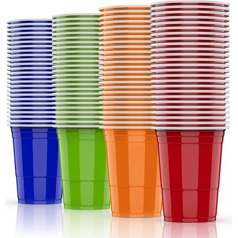100 Pack Gobelets Tasse À Boire 25 Rouges avec 25 Bleus avec 25Verts avec 25Orange 480 ML 16 OZ avec 10 Boules de Table Inclure E (1/5)