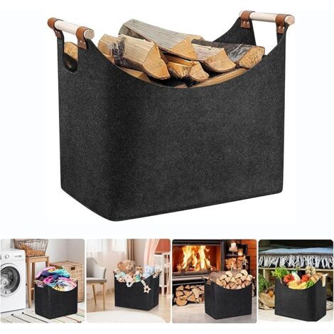 PA Filz-Brennholzkorb mit Holzgriff, extra dicke Tasche für Innen- und Außenkamin, faltbarer Filzkorb für Holz, Holzscheite, Brennholz oder Einkäufe (1/5)