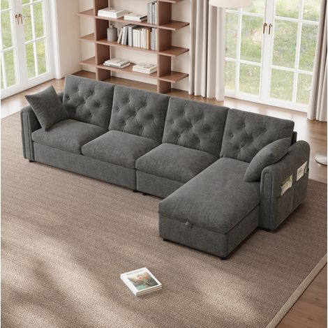 Ecksofa mit Schlaffunktion und Stauraum Samt Grau OKMYHOME (1/5)