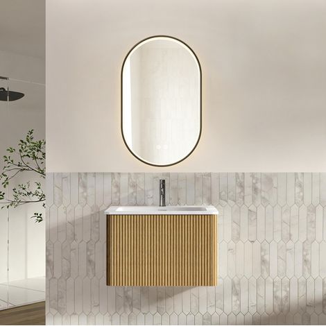 Mueble de baño suspendido 61 cm con lavabo y espejo LED 50 x 80 cm roble OKMYHOME (1/5)