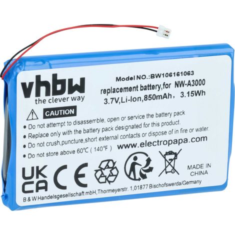 vhbw Akku kompatibel mit Sony NW-A3000 MP3-Player Musik Player (850 mAh, 3,7 V, Li-Ion)