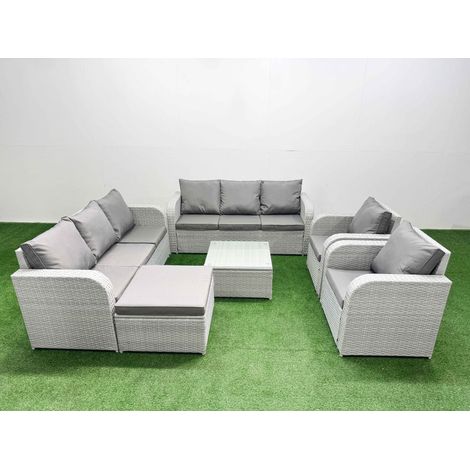 Fimous PE Rattan High Back Lounge Sofa Set Patio Square Coffee Table & Chairs Set with 3 Seater Sofa Reclining Chair Big Footstool Light Grey (1/4)