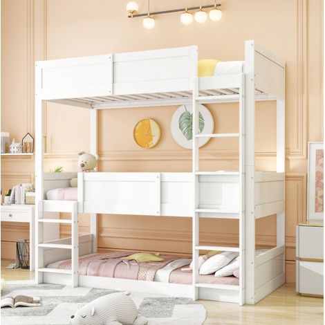 DESVIAE Lit superposé triple enfant 90 x 200 cm modulable en lit simple et lit superposé bas bois blanc avec barrières de sécurité (1/5)