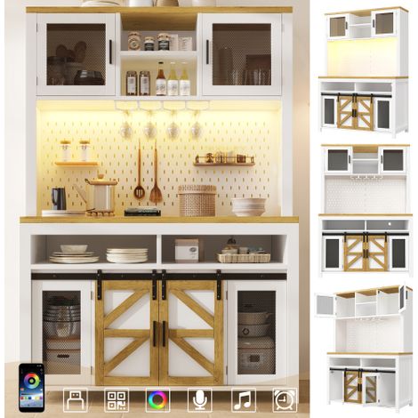 Buffet haut de cuisine multifonction 120x40x174,5 cm blanc 4 modes d’ouverture porte grille métallique éclairage LED pilotable app prise 3680W port USB plaque perforée charge 70 kg (1/5)