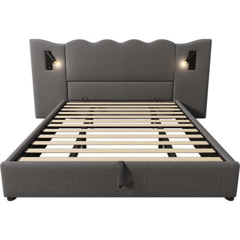 Doppelbett 180x200 cm Grau aus Leinen mit Leselampe und USB-C-Ladeanschluss (1/4)