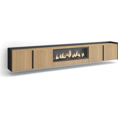 Skraut Home - Meuble TV, Banc Télé, Grand espace de Rangement, 315x35x50cm, Pour les TV jusqu'à 80", Cheminée électrique XXL, Suspendu, Mural, Style moderne, Chêne et noir (1/5)