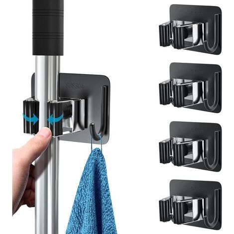 4-teiliger Besenhalter aus Edelstahl, selbstklebend, zur Wandmontage ohne Bohren, Mopphalter mit Haken für Küche, Bad und Garten, Schwarz (1/4)