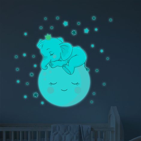 Sticker phosphorescent lumineux - ENFANT BÉBÉ ÉLÉPHANT SUR LA LUNE ET 30 ÉTOILES - Autocollant mural plafond enfant - 40x30cm (1/5)