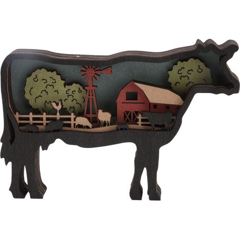 Tierfigur aus Holz, mehrschichtige Holzschnitzerei, handgefertigte Wanddekoration, Kuh mit batteriebetriebener Lampe (1/5)