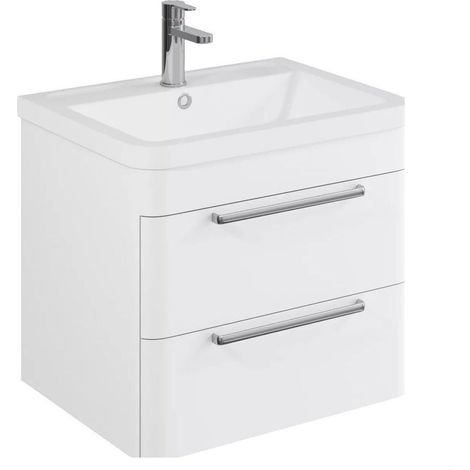Balterley Calwich Contemporary Bathroom Wall Hung Vanity Unit with 2 Soft Close Drawers & 1 Tap Hole Ceramic Basin, Gloss White, 600mm
