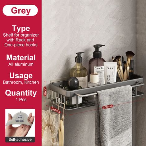 Étagère de salle de bain (grise avec support) - Fixation murale sans perçage - Porte-bouteilles de shampoing - Étagère d'angle pour douche - Étagère de rangement pour toilettes - Accessoires de salle (1/5)