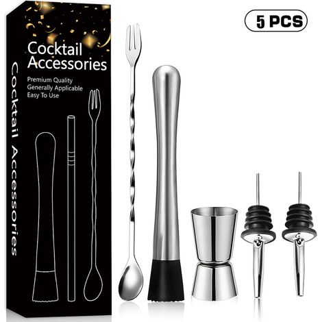 Ensemble de 5 pièces pour cocktails : pilon à cocktail en acier inoxydable 304, cuillère à cocktail multifonctionnelle et bec verseur en 2 parties.-AquaForge