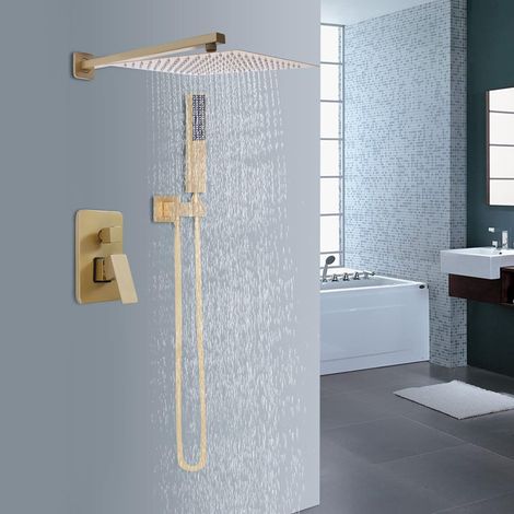 Gojoy – Colonne de douche encastrée dorée 12" – Système thermostatique avec douche à effet pluie – Douchette à main – Laiton brossé (1/5)